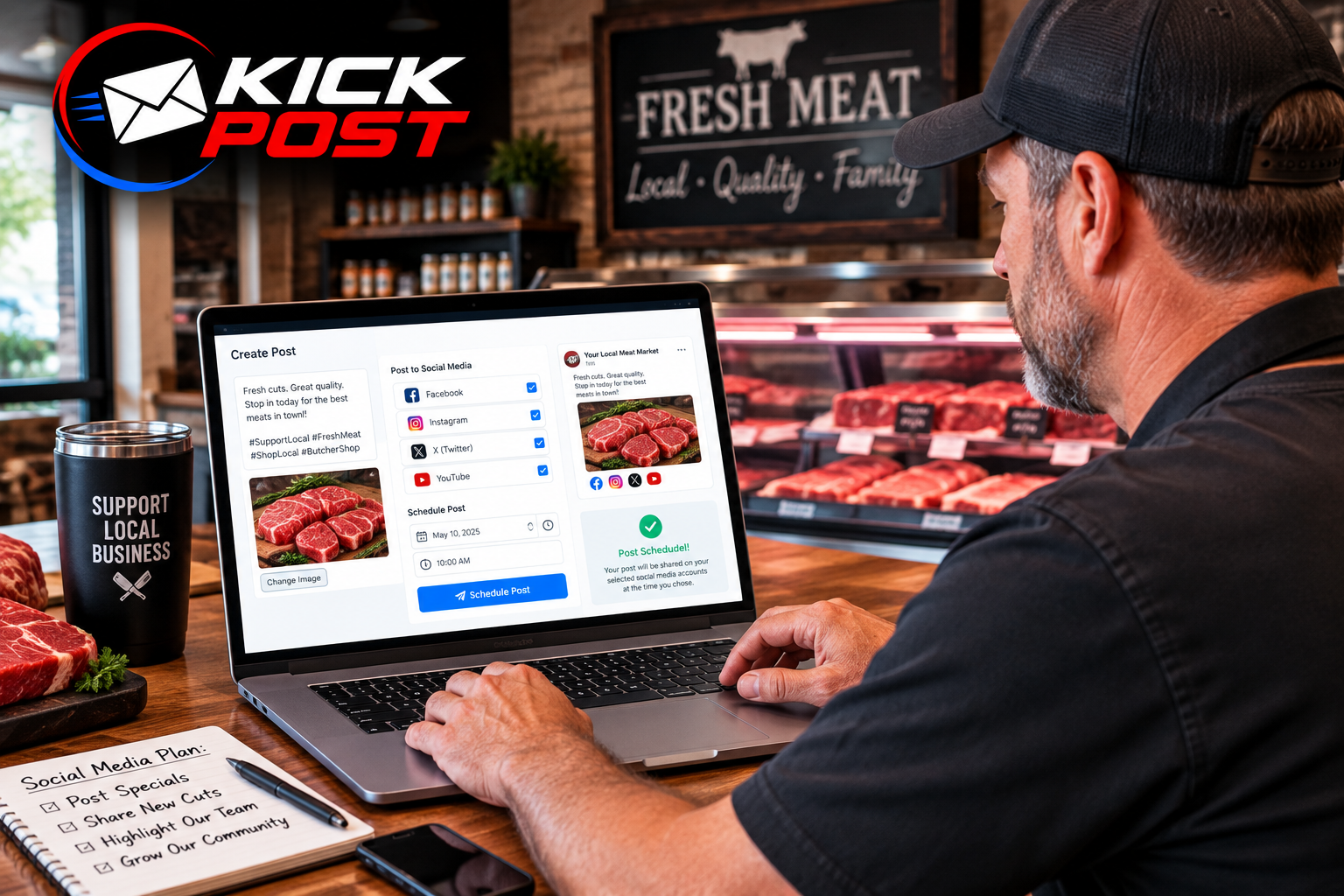 A butcher shop owner schedules a KickPost post to Facebook, Instagram, X and YouTube from one screen — save time and stay in control of your social media