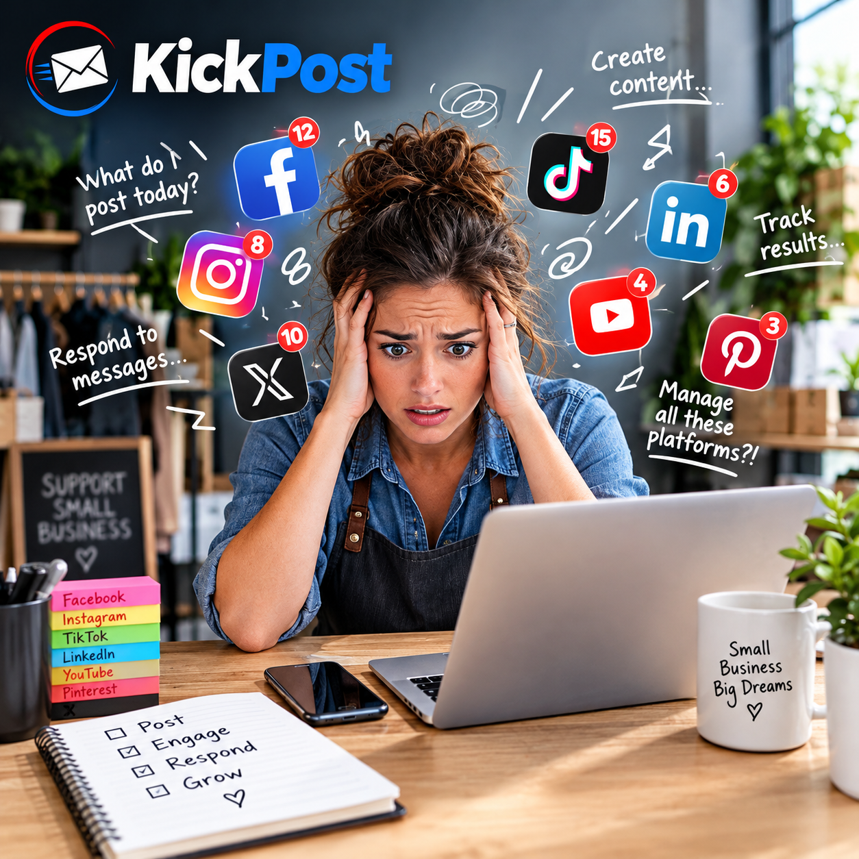A stressed small-business owner surrounded by Facebook, Instagram, TikTok, LinkedIn, YouTube, X and Pinterest notifications — the social media problems KickPost helps solve