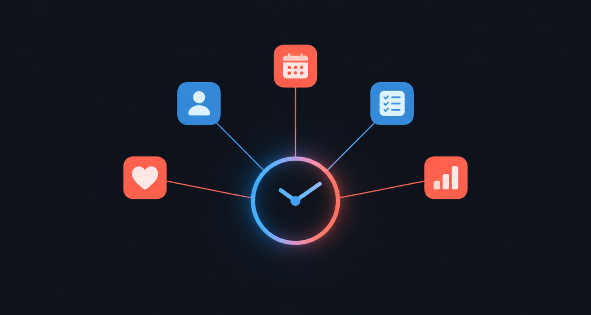 A clock face with rays reaching out to five small app tiles — finding the best time to post for your own audience