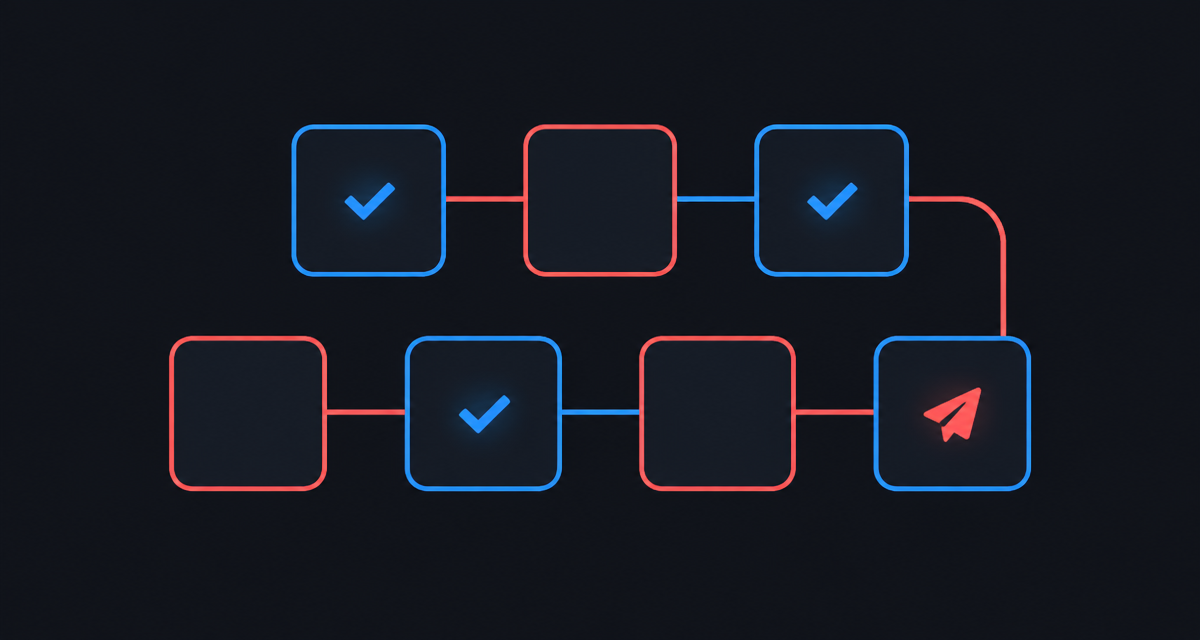 A seven-tile weekly content calendar with check marks on three tiles and a paper plane on another