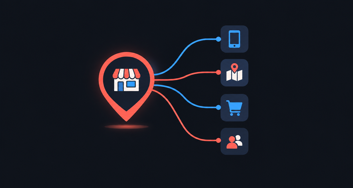 A map pin holding a small storefront, connected by lines to four app tiles — local social media for small businesses